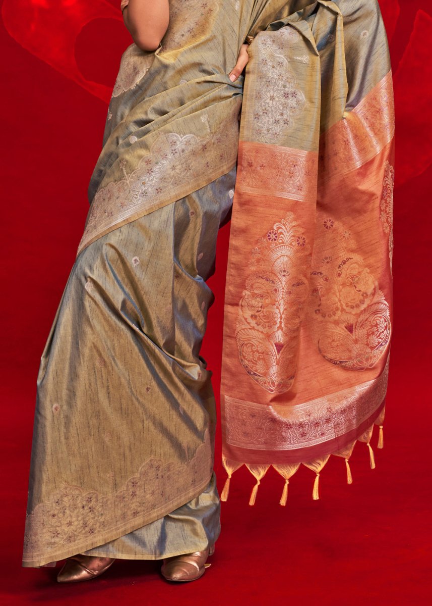 Luxury Dove Grey Tussar Silk Saree with Handloom Weave & Ikkat Pallu - House of Sarvati LLC