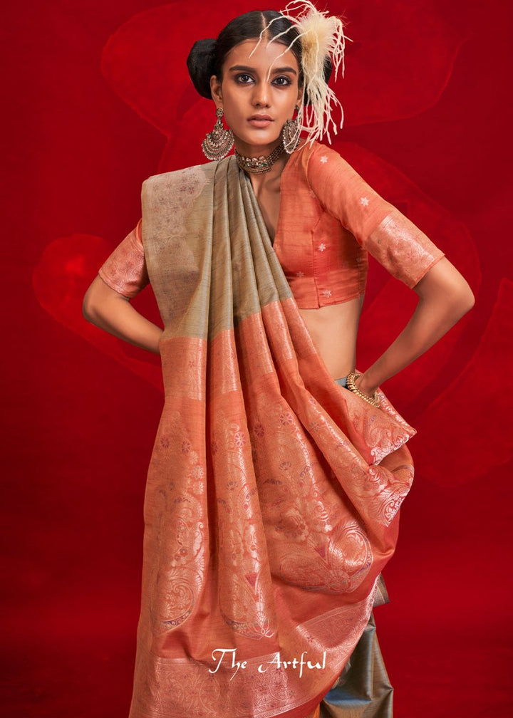 Luxury Dove Grey Tussar Silk Saree with Handloom Weave & Ikkat Pallu - House of Sarvati LLC