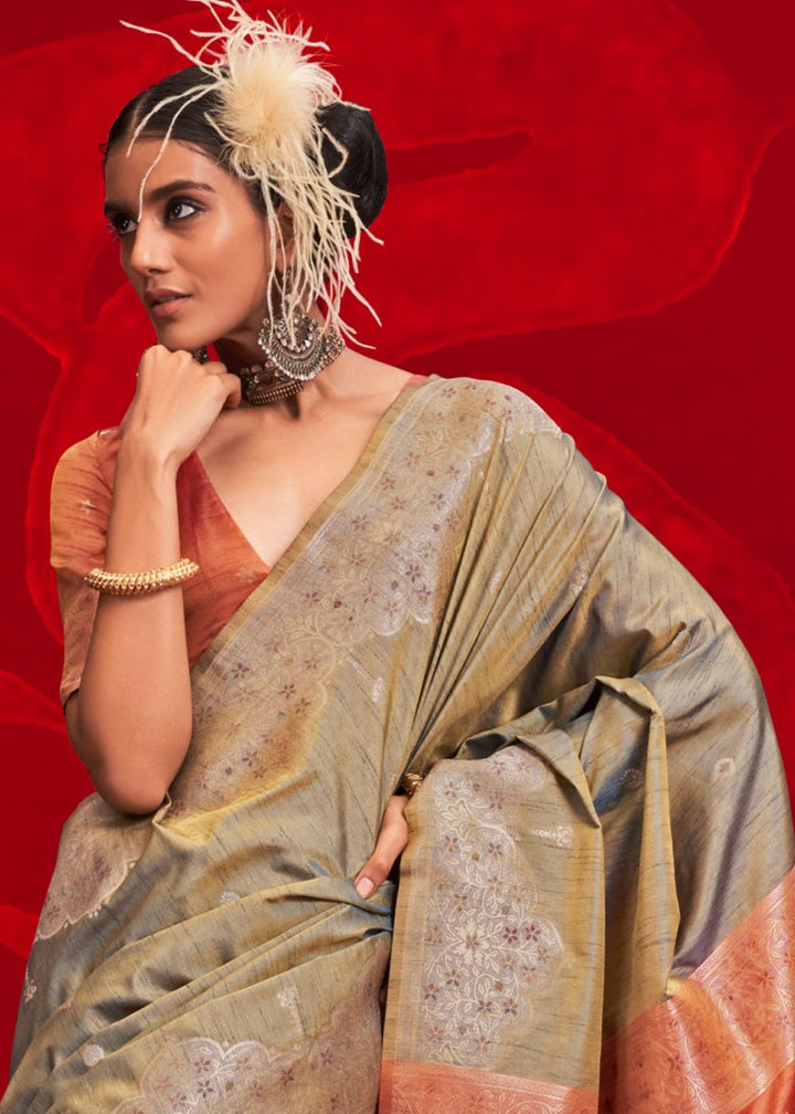 Luxury Dove Grey Tussar Silk Saree with Handloom Weave & Ikkat Pallu - House of Sarvati LLC