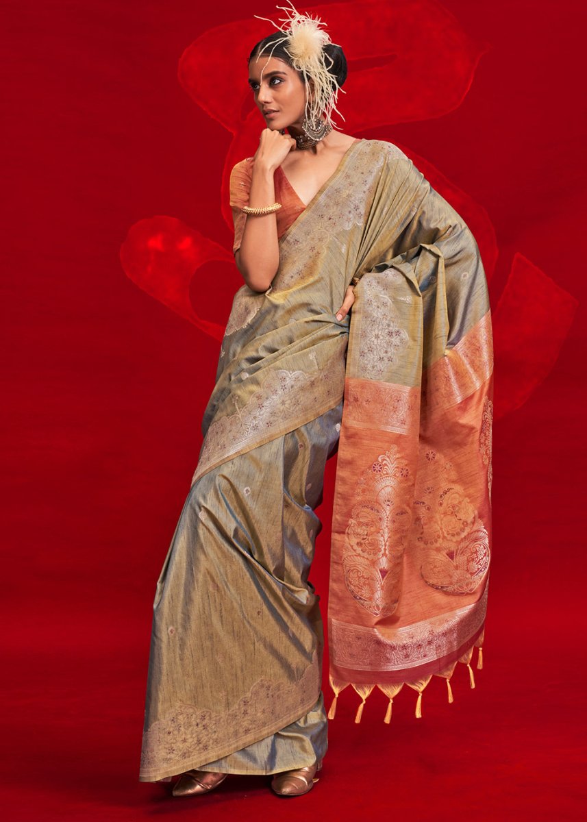 Luxury Dove Grey Tussar Silk Saree with Handloom Weave & Ikkat Pallu - House of Sarvati LLC