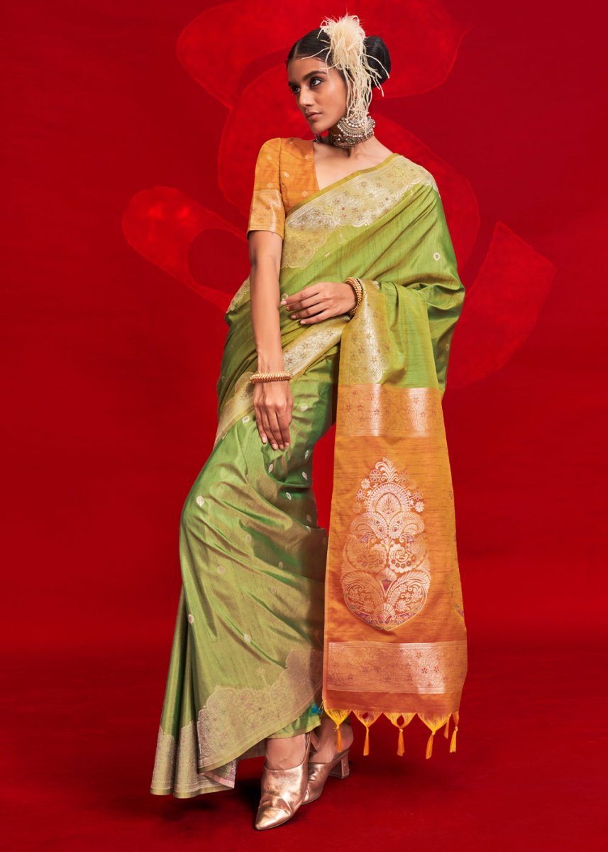 Luxury Light Green Tussar Silk Saree with Handloom Weave & Ikkat Pallu - House of Sarvati LLC