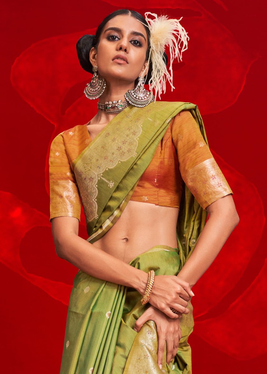 Luxury Light Green Tussar Silk Saree with Handloom Weave & Ikkat Pallu - House of Sarvati LLC