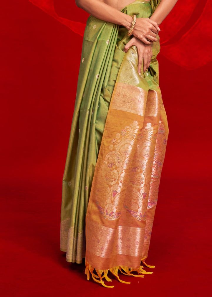 Luxury Light Green Tussar Silk Saree with Handloom Weave & Ikkat Pallu - House of Sarvati LLC
