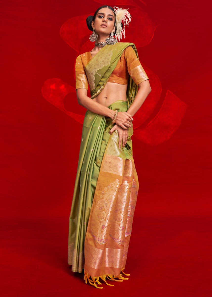 Luxury Light Green Tussar Silk Saree with Handloom Weave & Ikkat Pallu - House of Sarvati LLC
