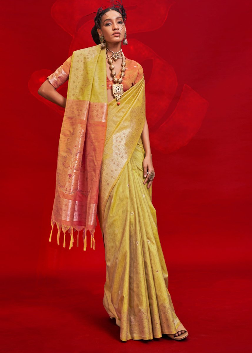 Luxury Pear Green Tussar Silk Saree with Handloom Weave & Ikkat Pallu - House of Sarvati LLC