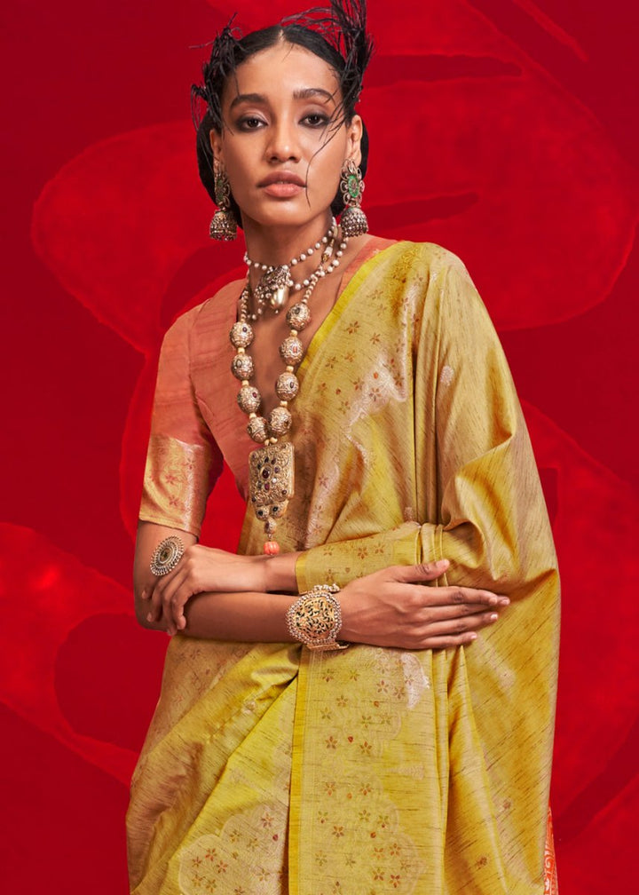 Luxury Pear Green Tussar Silk Saree with Handloom Weave & Ikkat Pallu - House of Sarvati LLC