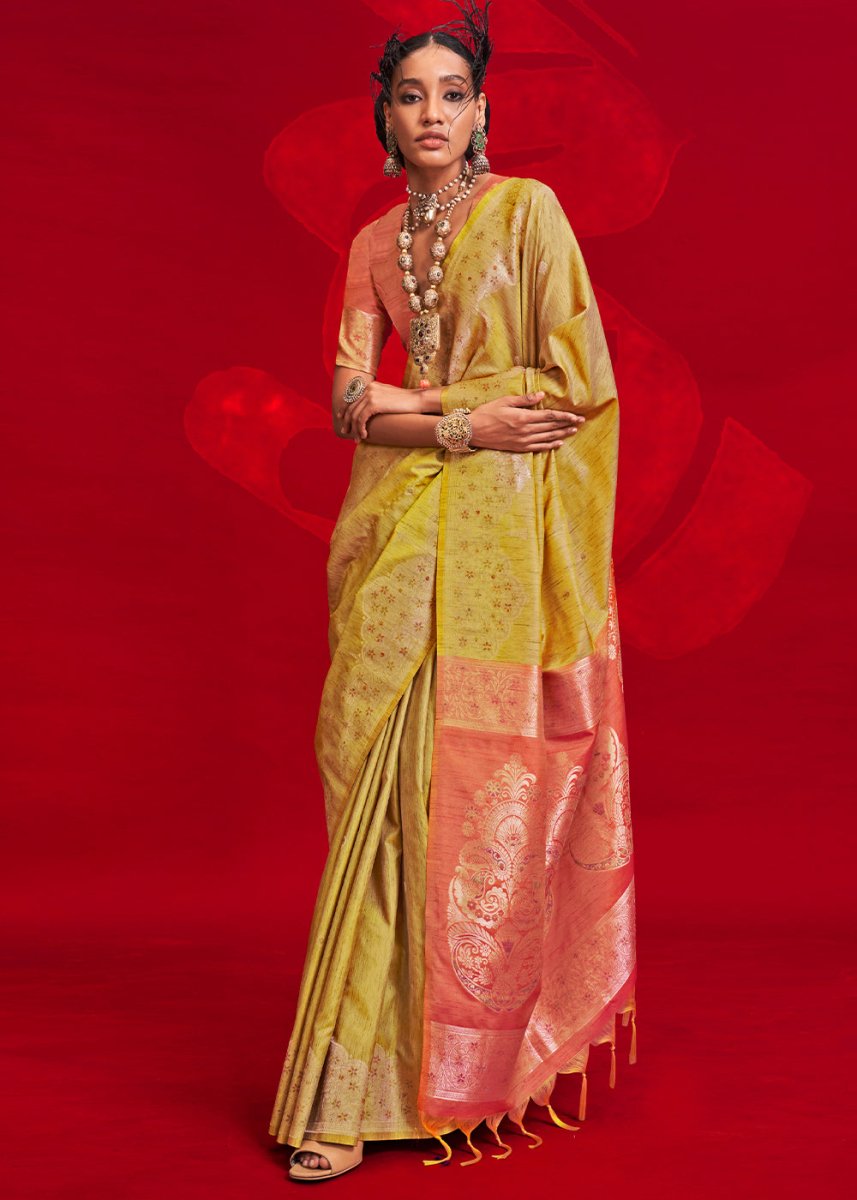 Luxury Pear Green Tussar Silk Saree with Handloom Weave & Ikkat Pallu - House of Sarvati LLC