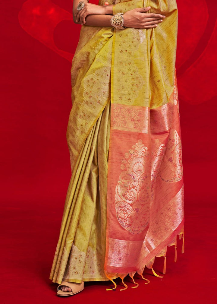 Luxury Pear Green Tussar Silk Saree with Handloom Weave & Ikkat Pallu - House of Sarvati LLC