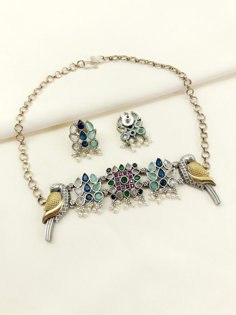 Madhvika Multi Colour Peacock Oxidized Choker Set - House of Sarvati LLC