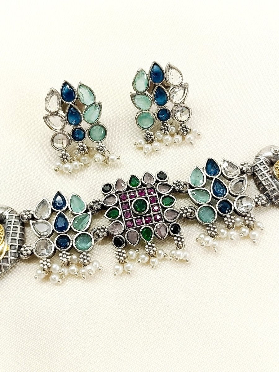 Madhvika Multi Colour Peacock Oxidized Choker Set - House of Sarvati LLC