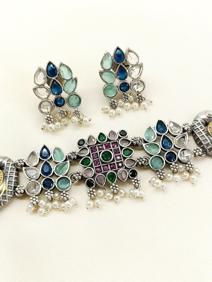 Madhvika Multi Colour Peacock Oxidized Choker Set - House of Sarvati LLC