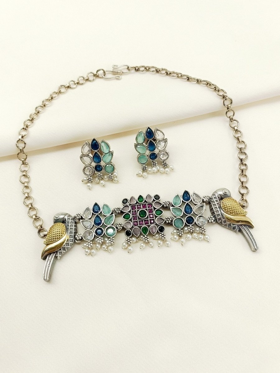 Madhvika Multi Colour Peacock Oxidized Choker Set - House of Sarvati LLC
