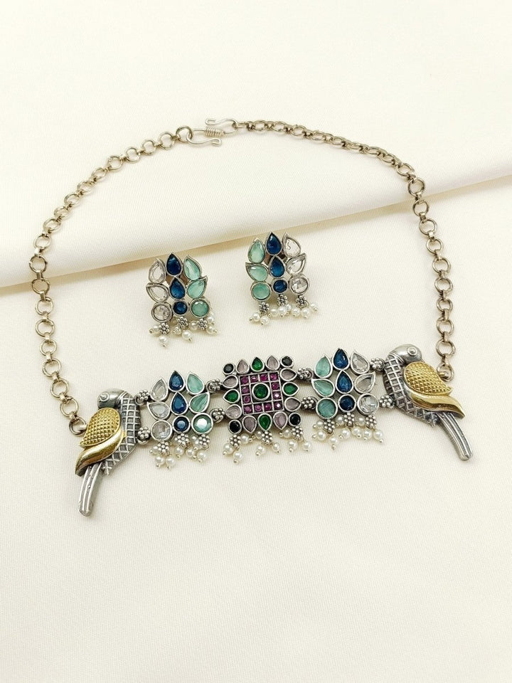 Madhvika Multi Colour Peacock Oxidized Choker Set - House of Sarvati LLC