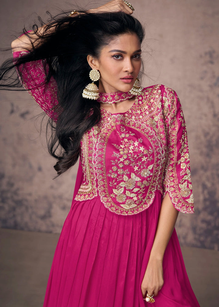 Magenta Pink Anarkali Gown in Chinon Silk with Embellishments - House of Sarvati LLC