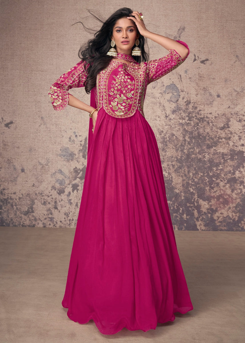 Magenta Pink Anarkali Gown in Chinon Silk with Embellishments - House of Sarvati LLC