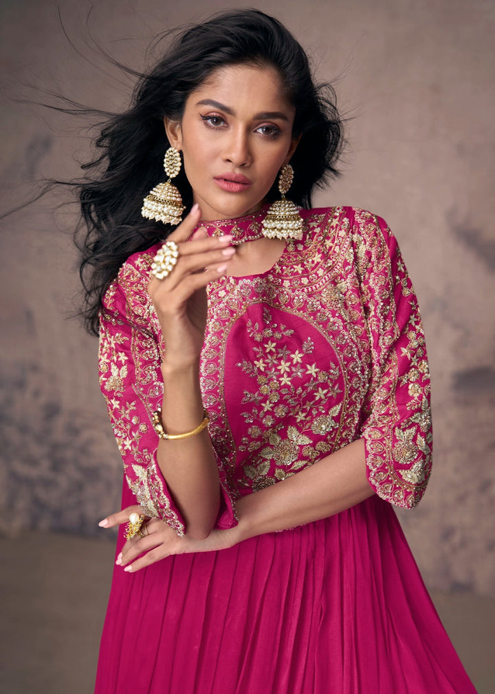 Magenta Pink Anarkali Gown in Chinon Silk with Embellishments - House of Sarvati LLC