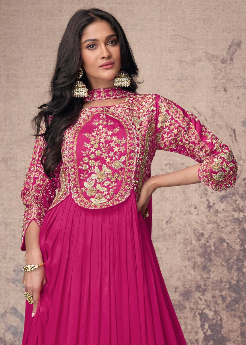 Magenta Pink Anarkali Gown in Chinon Silk with Embellishments - House of Sarvati LLC