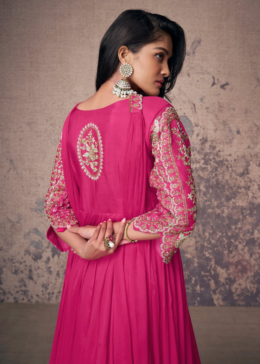 Magenta Pink Anarkali Gown in Chinon Silk with Embellishments - House of Sarvati LLC
