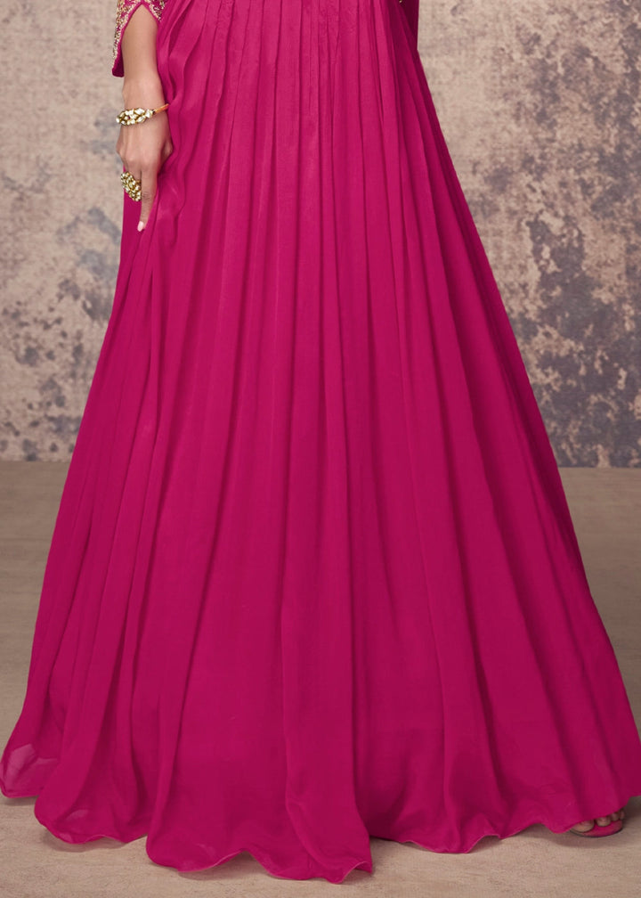 Magenta Pink Anarkali Gown in Chinon Silk with Embellishments - House of Sarvati LLC