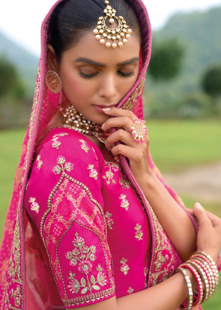Magenta Pink Banarasi Silk Lehenga with Heavy Khatli & Embroidery Work - House of Sarvati LLC