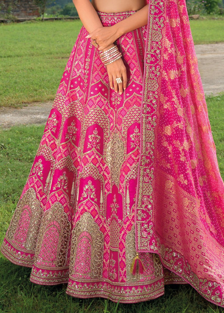 Magenta Pink Banarasi Silk Lehenga with Heavy Khatli & Embroidery Work - House of Sarvati LLC