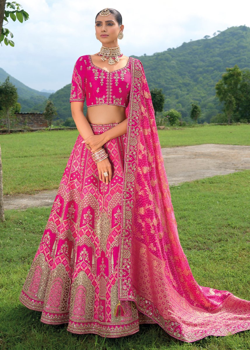 Magenta Pink Banarasi Silk Lehenga with Heavy Khatli & Embroidery Work - House of Sarvati LLC