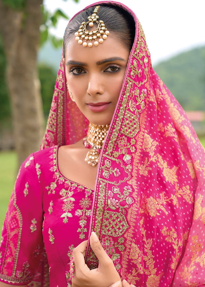 Magenta Pink Banarasi Silk Lehenga with Heavy Khatli & Embroidery Work - House of Sarvati LLC