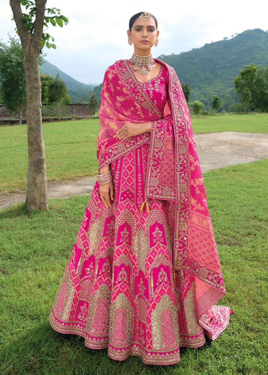 Magenta Pink Banarasi Silk Lehenga with Heavy Khatli & Embroidery Work - House of Sarvati LLC