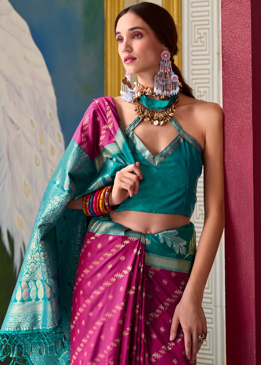 Magenta Pink Banarasi Silk Saree with Contrasting Pallu and Woven Zari - House of Sarvati LLC