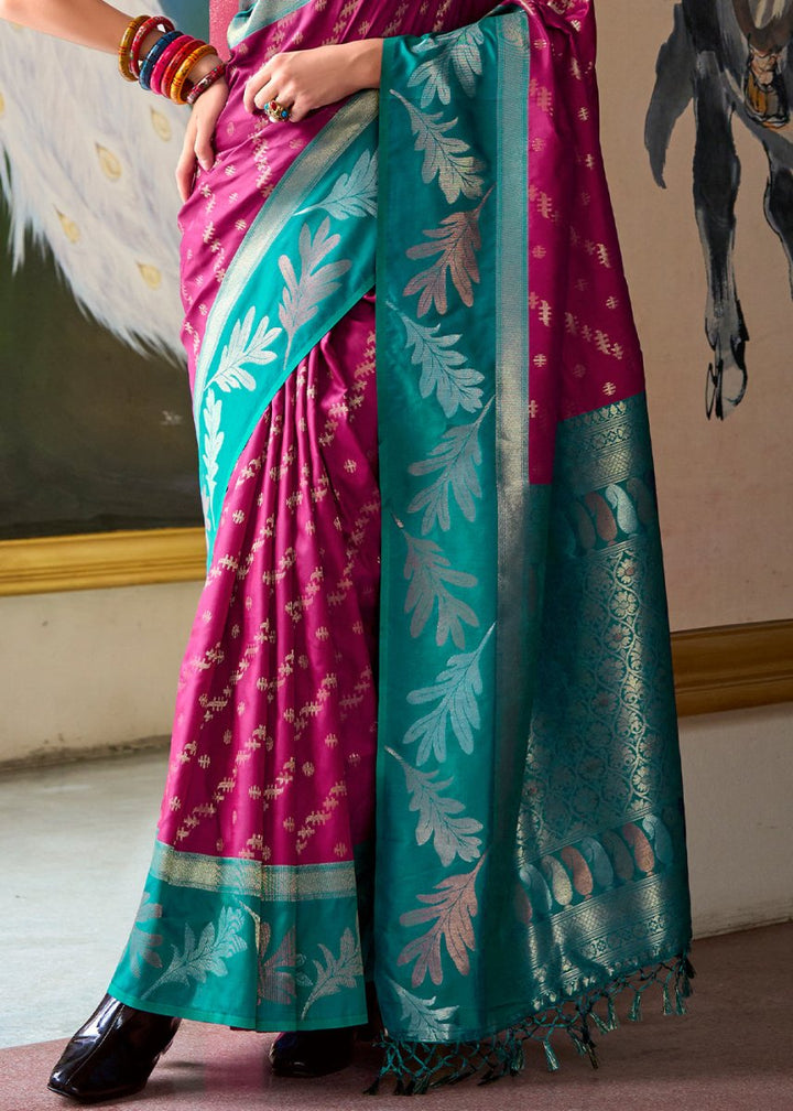 Magenta Pink Banarasi Silk Saree with Contrasting Pallu and Woven Zari - House of Sarvati LLC