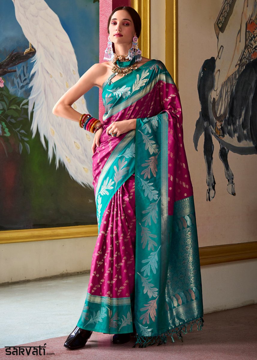 Magenta Pink Banarasi Silk Saree with Contrasting Pallu and Woven Zari - House of Sarvati LLC
