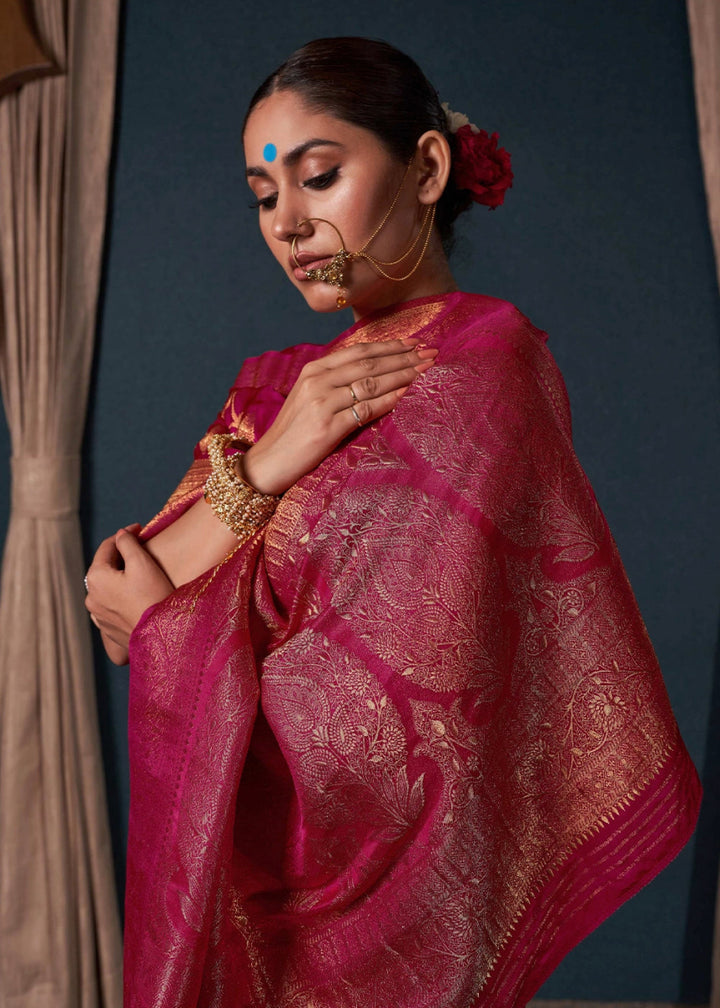 Magenta Pink Banarasi - Style Satin Silk Saree with Zari work - House of Sarvati LLC