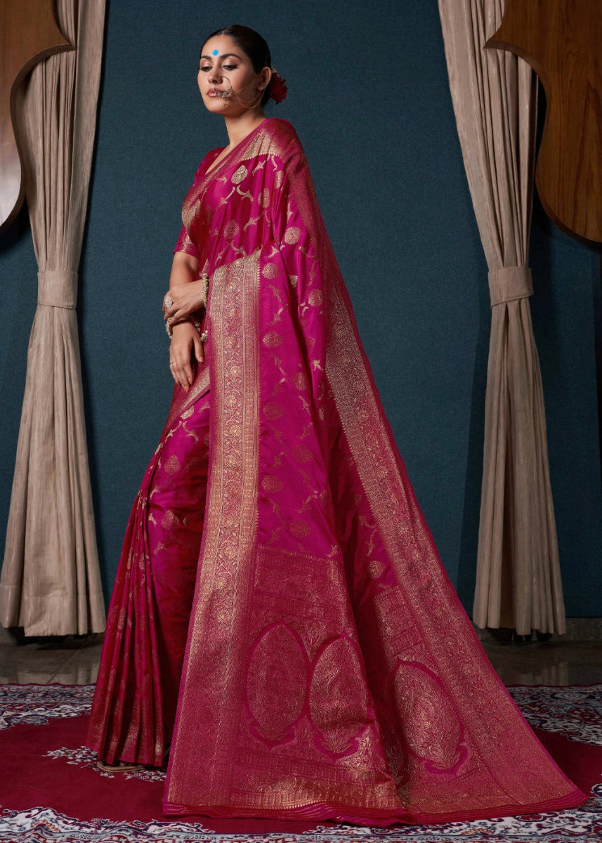 Magenta Pink Banarasi - Style Satin Silk Saree with Zari work - House of Sarvati LLC