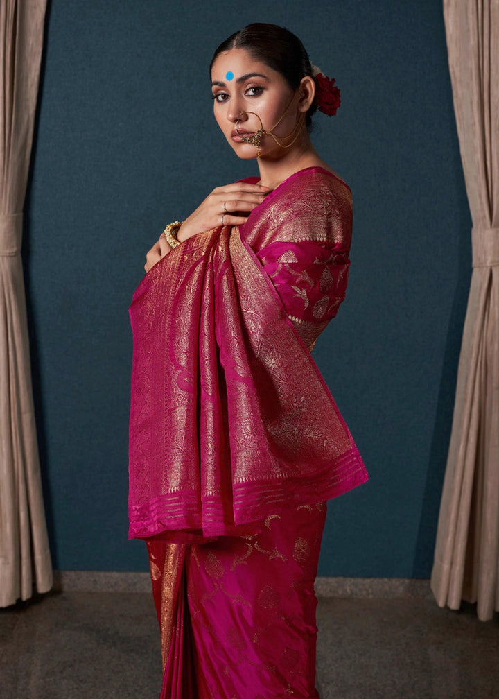 Magenta Pink Banarasi - Style Satin Silk Saree with Zari work - House of Sarvati LLC