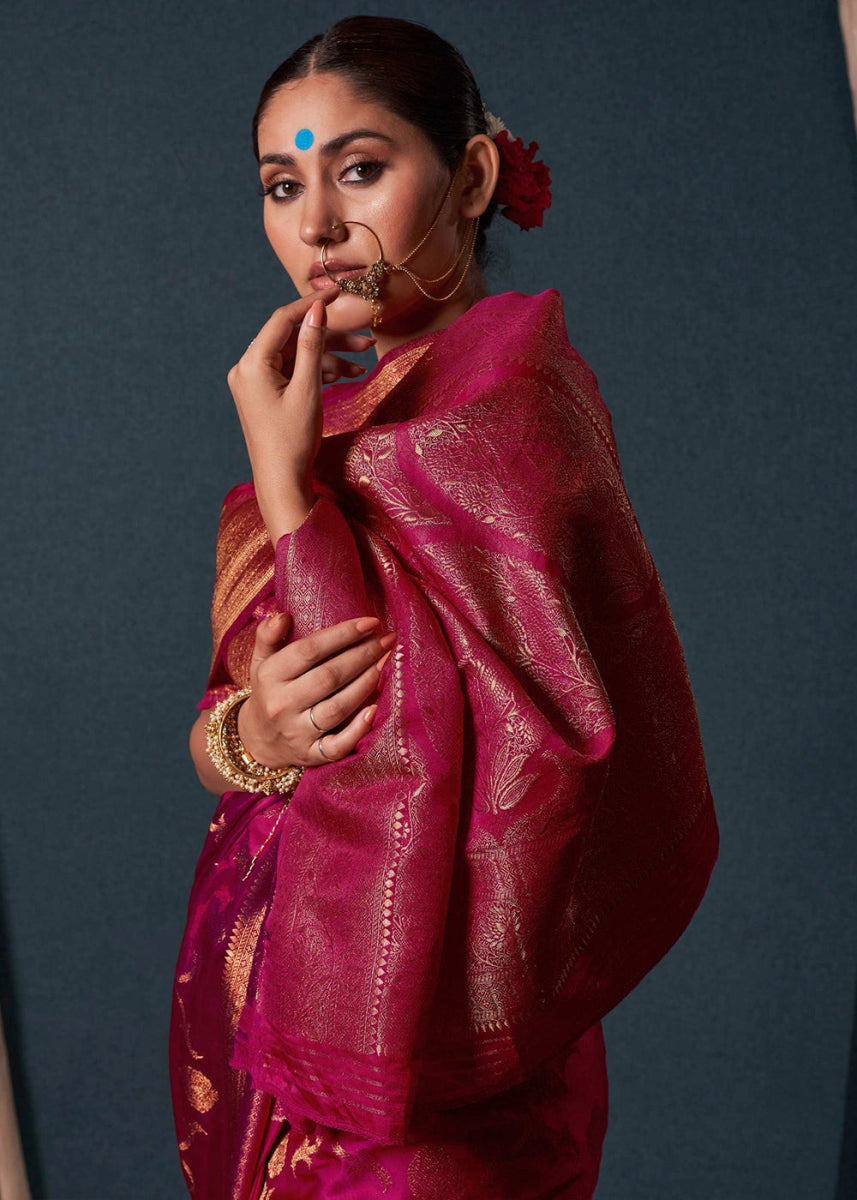 Magenta Pink Banarasi - Style Satin Silk Saree with Zari work - House of Sarvati LLC