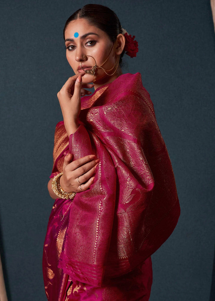 Magenta Pink Banarasi - Style Satin Silk Saree with Zari work - House of Sarvati LLC