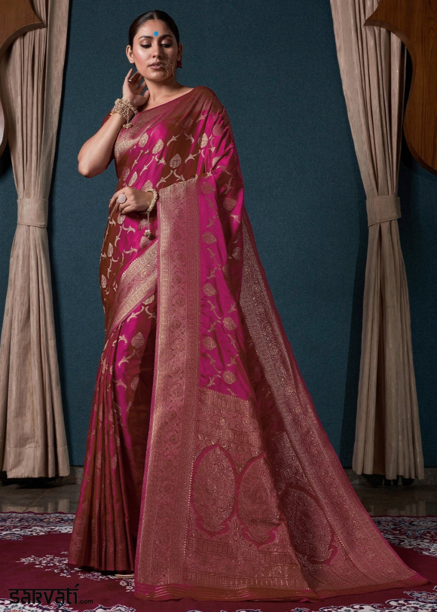 Magenta Pink Banarasi - Style Satin Silk Saree with Zari work - House of Sarvati LLC