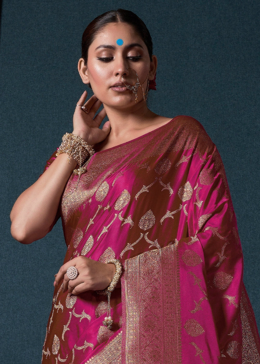 Magenta Pink Banarasi - Style Satin Silk Saree with Zari work - House of Sarvati LLC
