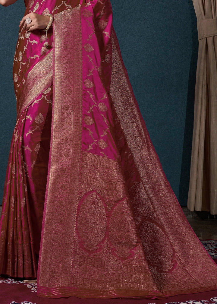 Magenta Pink Banarasi - Style Satin Silk Saree with Zari work - House of Sarvati LLC
