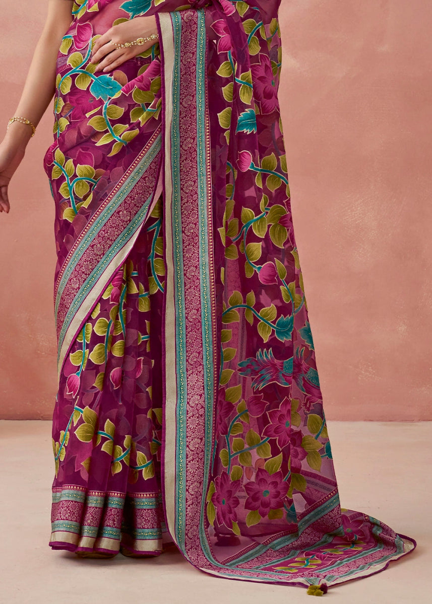 Magenta Pink Brasso Organza Saree with Designer Embroidered Blouse - House of Sarvati LLC