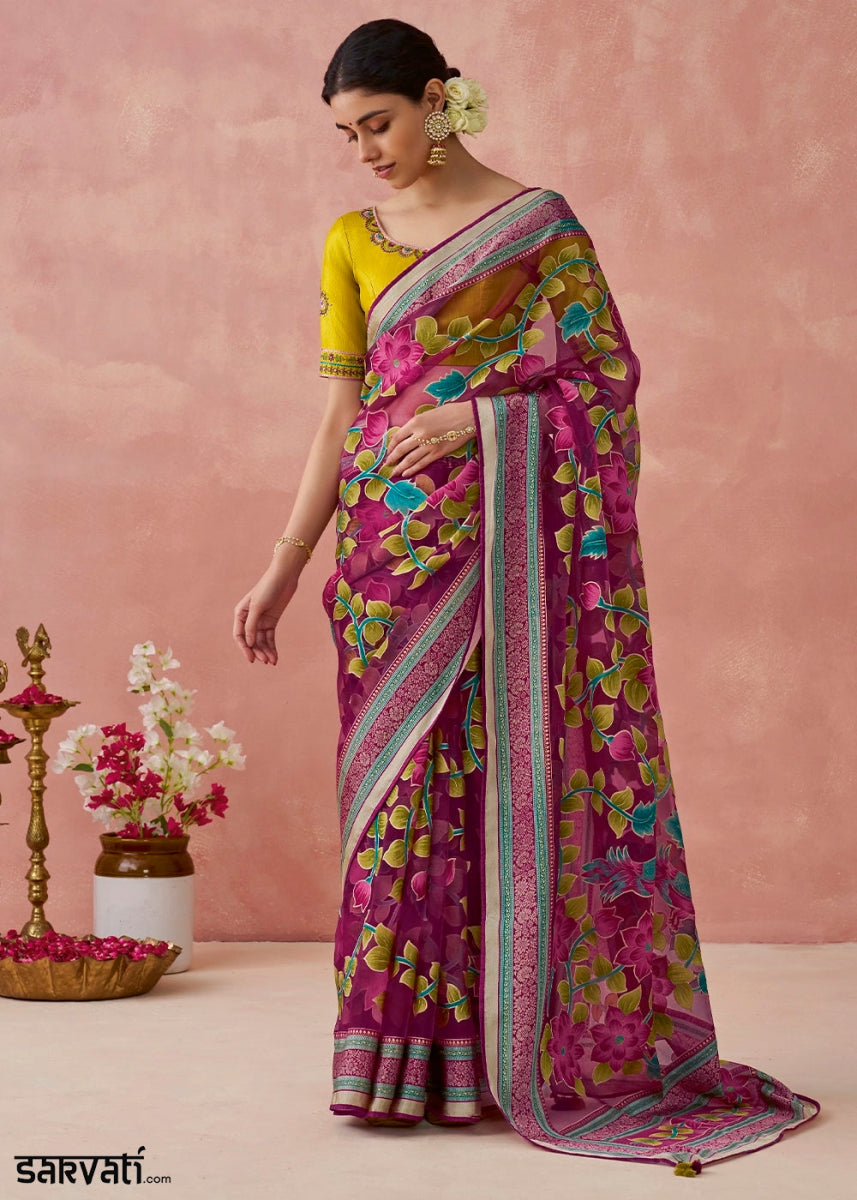 Magenta Pink Brasso Organza Saree with Designer Embroidered Blouse - House of Sarvati LLC