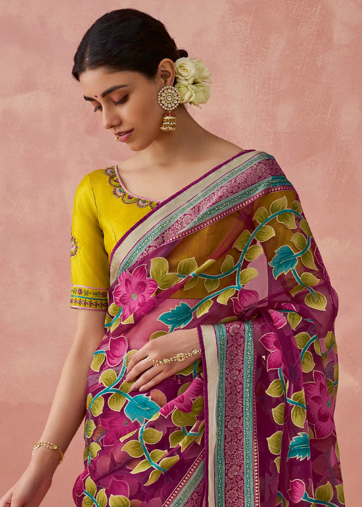 Magenta Pink Brasso Organza Saree with Designer Embroidered Blouse - House of Sarvati LLC