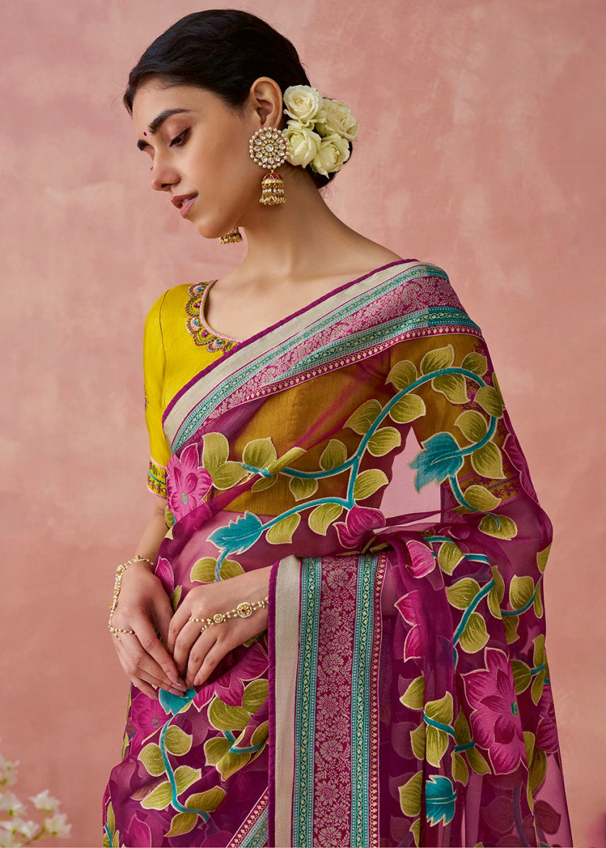 Magenta Pink Brasso Organza Saree with Designer Embroidered Blouse - House of Sarvati LLC