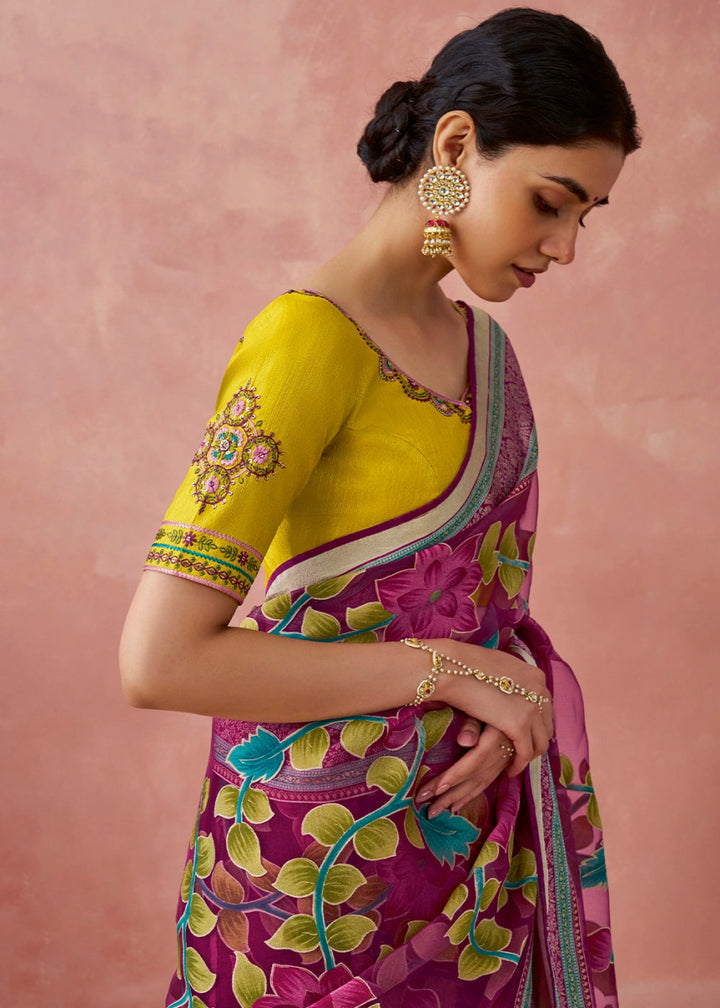 Magenta Pink Brasso Organza Saree with Designer Embroidered Blouse - House of Sarvati LLC