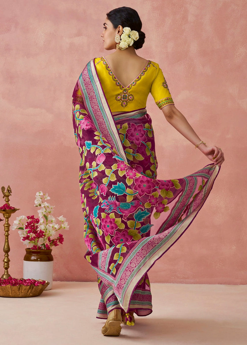 Magenta Pink Brasso Organza Saree with Designer Embroidered Blouse - House of Sarvati LLC