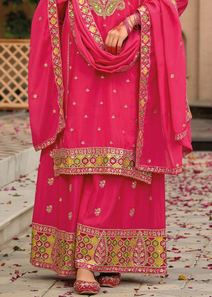 Magenta Pink Chinon Silk Palazzo Suit with Intricate Embroidery - Eid Edition - House of Sarvati LLC