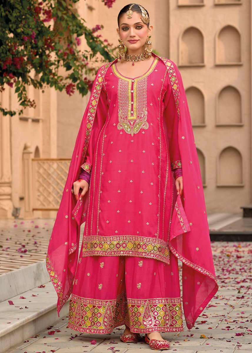 Magenta Pink Chinon Silk Palazzo Suit with Intricate Embroidery - Eid Edition - House of Sarvati LLC