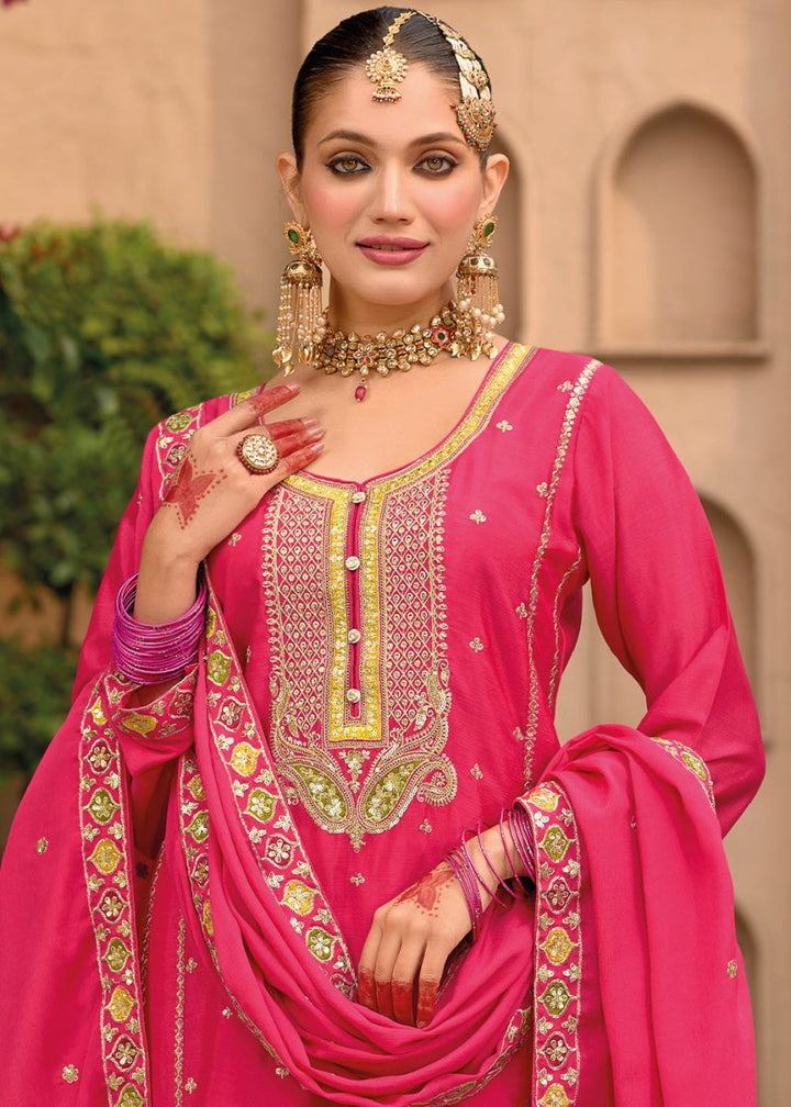 Magenta Pink Chinon Silk Palazzo Suit with Intricate Embroidery - Eid Edition - House of Sarvati LLC