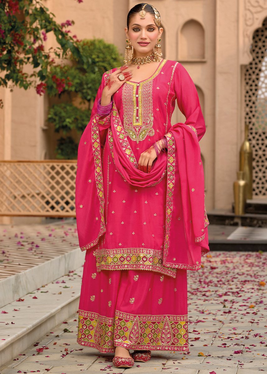 Magenta Pink Chinon Silk Palazzo Suit with Intricate Embroidery - Eid Edition - House of Sarvati LLC