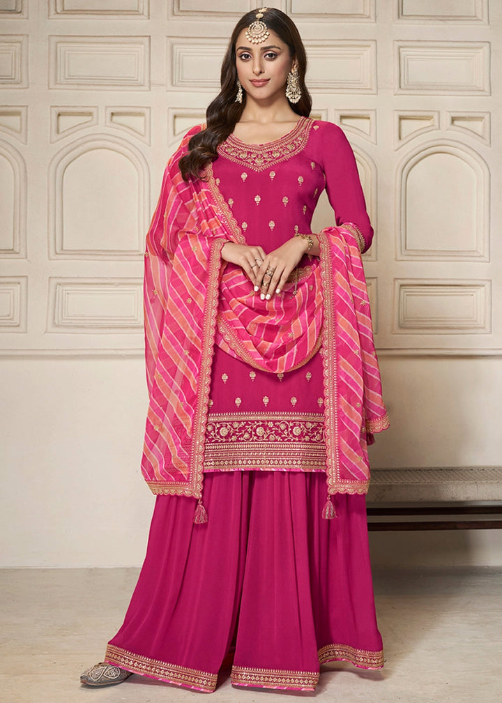 Magenta Pink Chinon Silk Sharara Suit with Intricate Butti and Sequins Detailing - House of Sarvati LLC